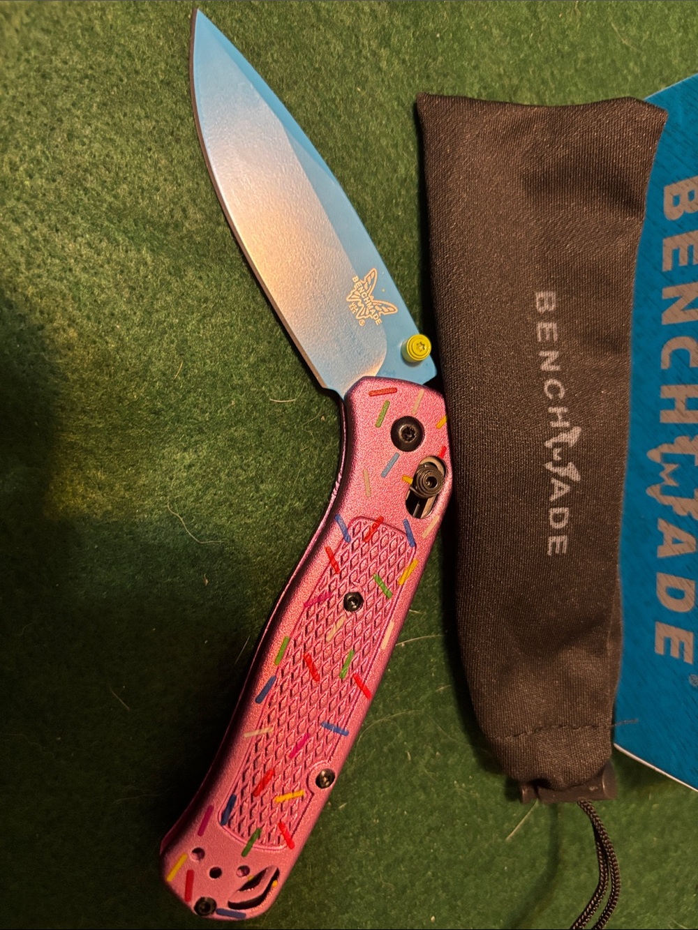 Benchmade Pink Handle Blue Blade Folding Knife
